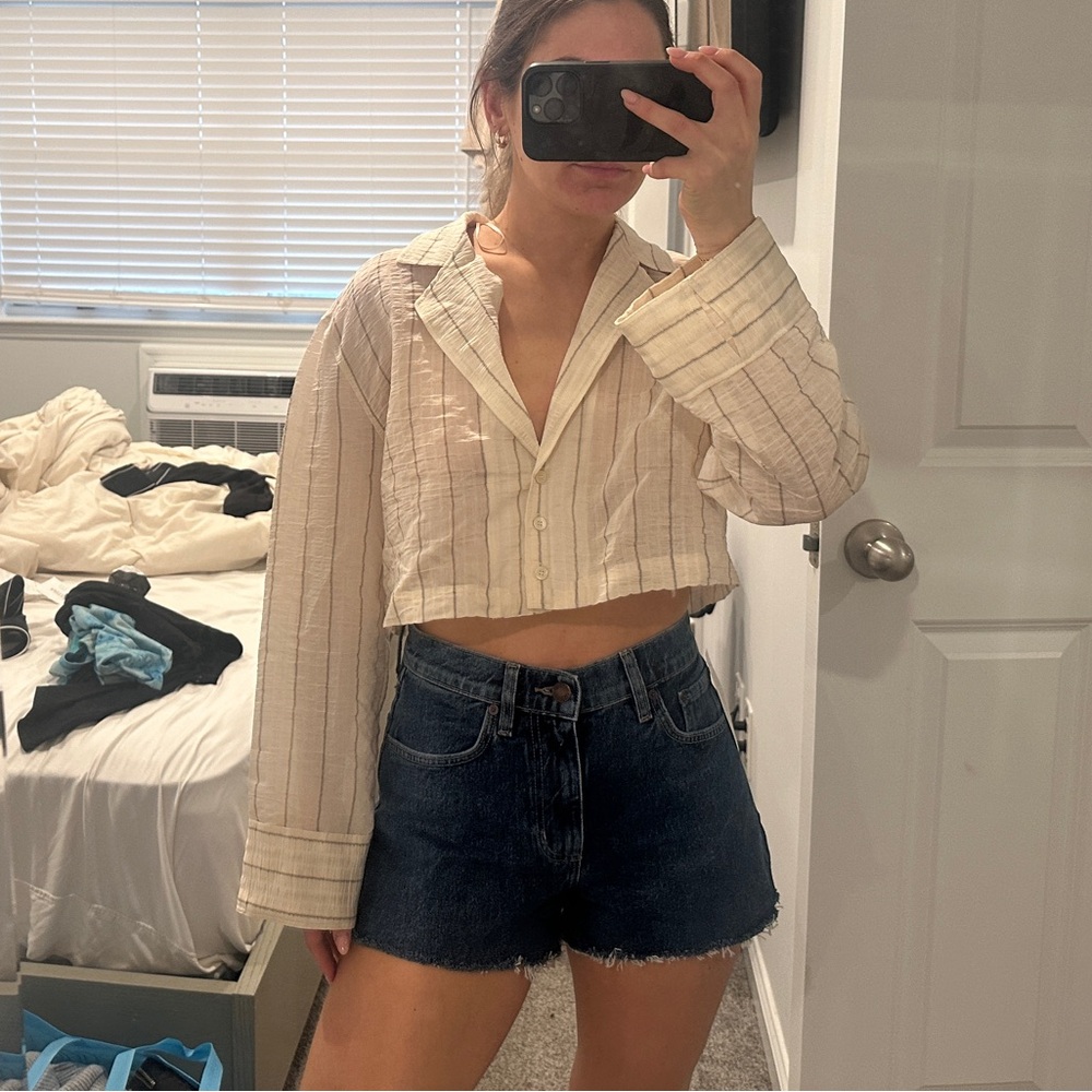 Striped Cream Button-Up Crop Top